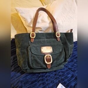 Green Suede Michael Kors Tote Bag with Brown Accents